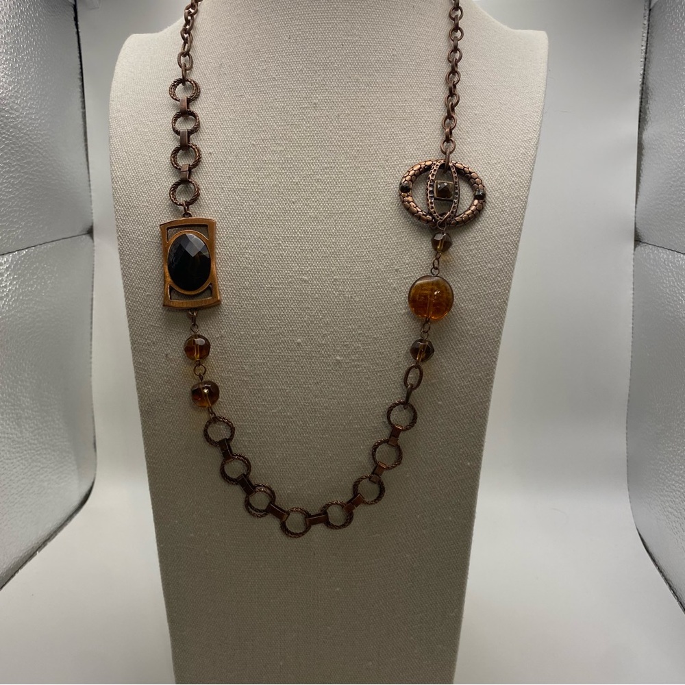 Signed Copper-Tone Amber Long Necklace